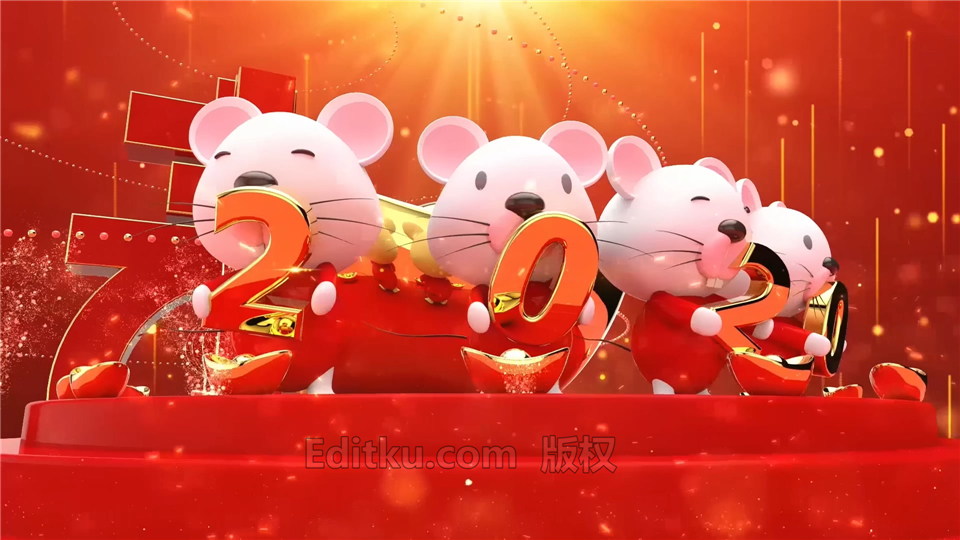 中文AE模板制作2020鼠年春节金红色喜庆拜年视频片头效果_第3张图片_AE模板库