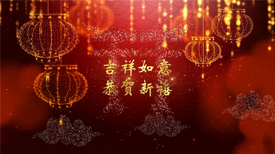 中文AE模板金色粒子效果灯笼祥云中国元素新年视频拜年片头效果制作_第3张图片_AE模板库