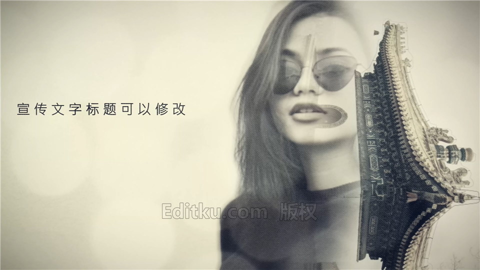 中文制作PR模板复古双重曝光宣传视频片头人物肖像建筑物叠加效果 第3张