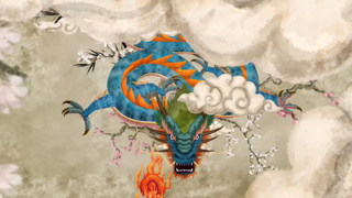 水彩艺术画剪纸中国龙桃花祥云亭子循环VJ素材晚会背景视频