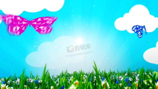 中文PR模板阳光明媚蝴蝶花草场景动画卡通视频片头制作