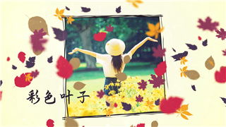 中文AE模板彩色漂浮树叶落下空间中的照片展示图文标志动画