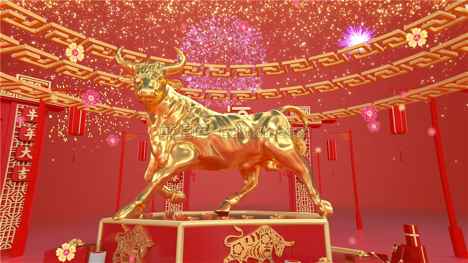 中文AE模板祝福2021牛年大吉春节三维场景主题片头动画视频制作_第3张图片_AE模板库