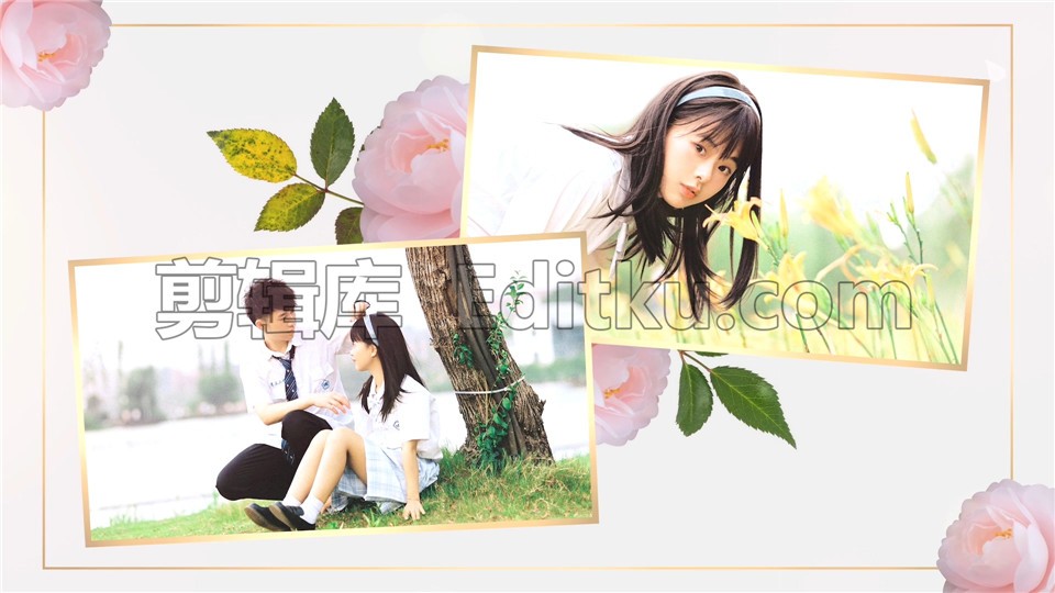 中文PR模板情人节浪漫相框婚礼相册鲜花绿叶幸福干净简洁电子相册 第1张