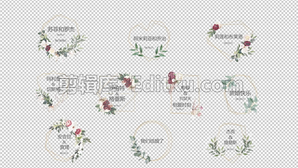 中文PR模板婚礼情人节幸福浪漫枝叶生长基本图形字幕 第1张