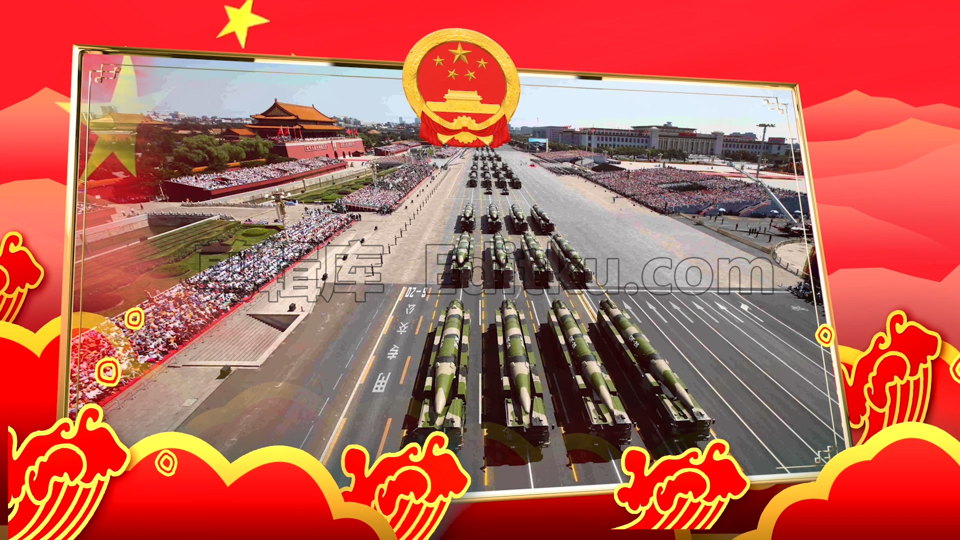 原创PR模板十一国庆节祥云漂浮浪花溅起金色边框空间旋转红绸转场视频相册 第3张